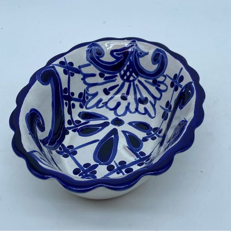 Hand-painted blue and white Talavera ceramic decorative bowl 6” x 2”