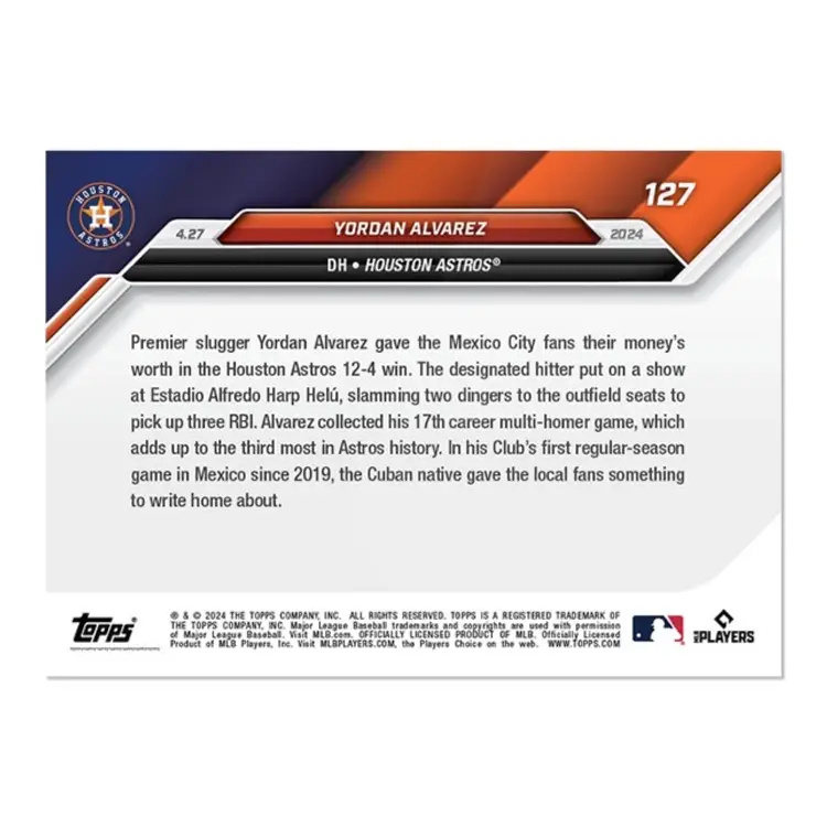 2024 ToppsNOW #127 Yordan Alvarez 17th Multi-Homer Game, 3rd Most In Astros History