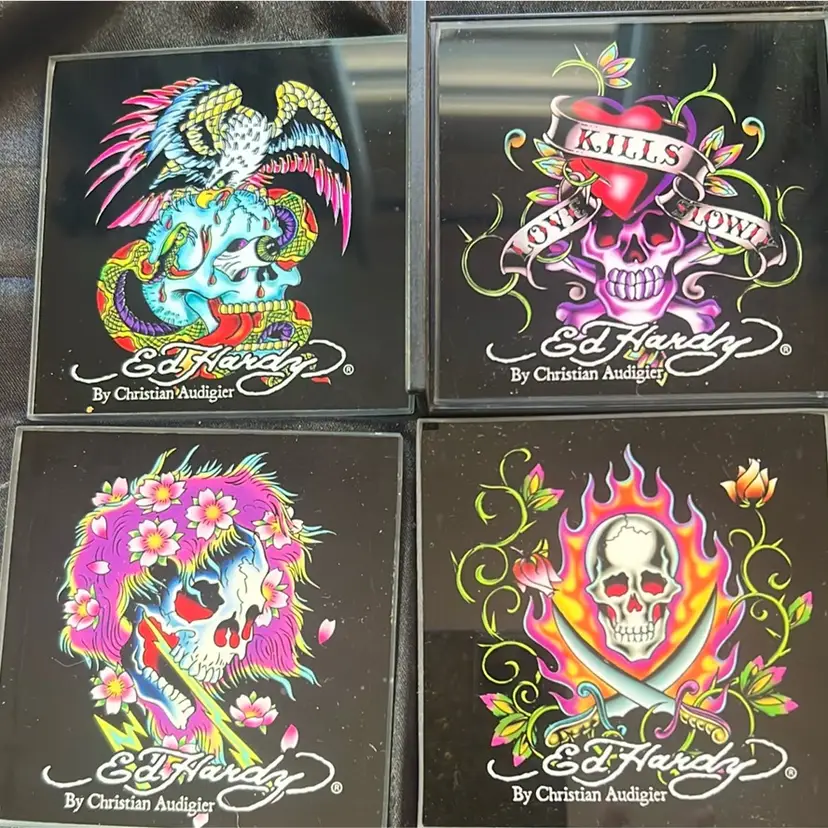 Ed Hardy Glass Coaster Set By Christian AUDIGIER. Set a four coasters with coaster stand.