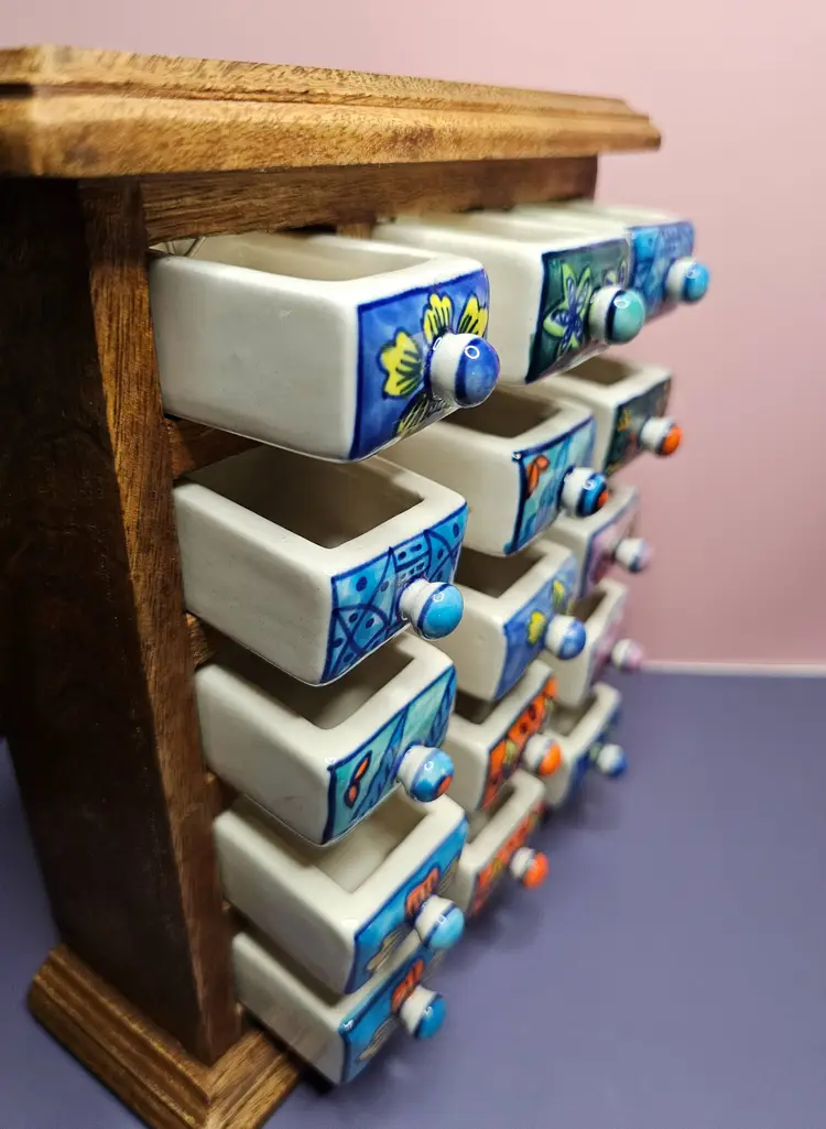 Wooden Storage with 15 Ceramic Drawers Apothecary Tea Spice Trinkets Jewelry