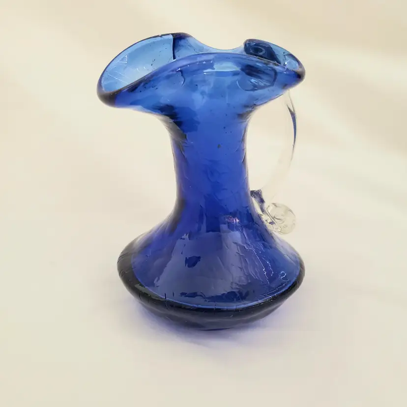 Crackle Art Glass Pitcher Creamer Cobalt Blue 4¼” Tall x 3”with Ruffled Edge Vintage