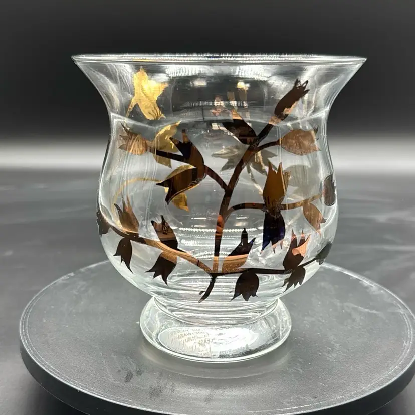Vintage Hand Painted Gold Silver Bronze Leaves Vase  Made In Italy