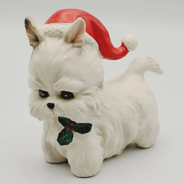 Vtg Lefton Christmas White Westie Dog W/ Santa Hat & Holly Figurine Japan