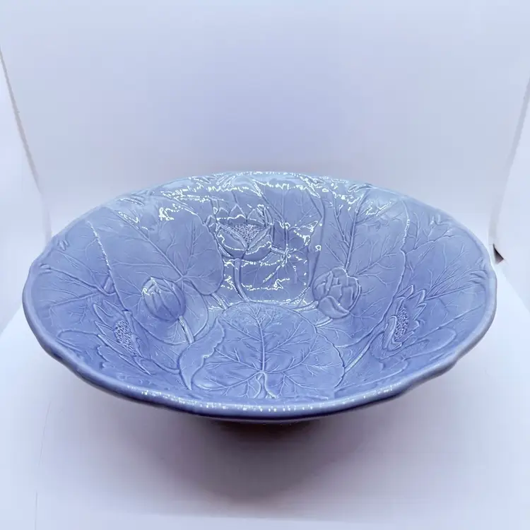 Vintage Bordallo Pinheiro Blue Waterlily Lotus Leaf Round Salad Serving Bowl
