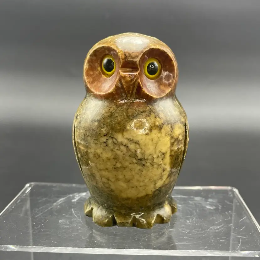 Craved Stone Owl Figurine Paperweight Alabaster Marble Handmade Vintage Bird
