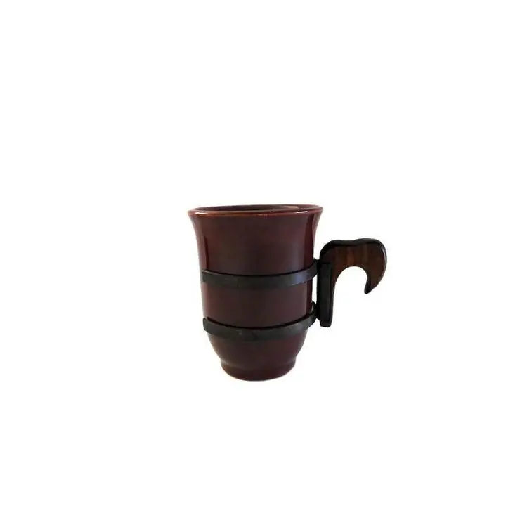 Vintage Brown Artisan Ceramic Small Mug Cup with Removable Iron and Wood Handle