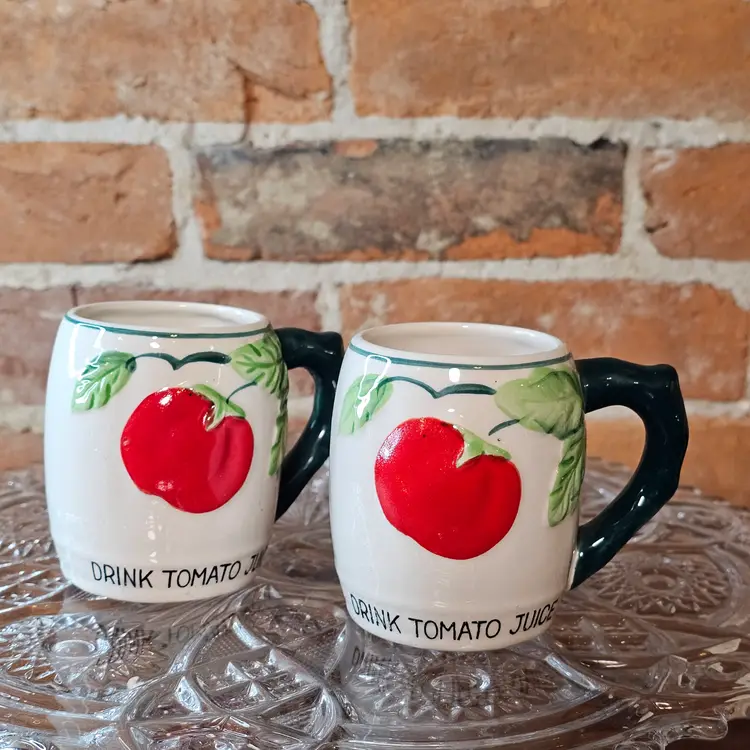 Vintage 1940's Tomato Juice Mugs Set of 2 “Drink Tomato Juice” Ceramic Cups Made In Japan