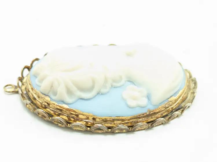 Vintage Blue Bisque Carved Cameo Brooch Pin Pendant Gold Tone