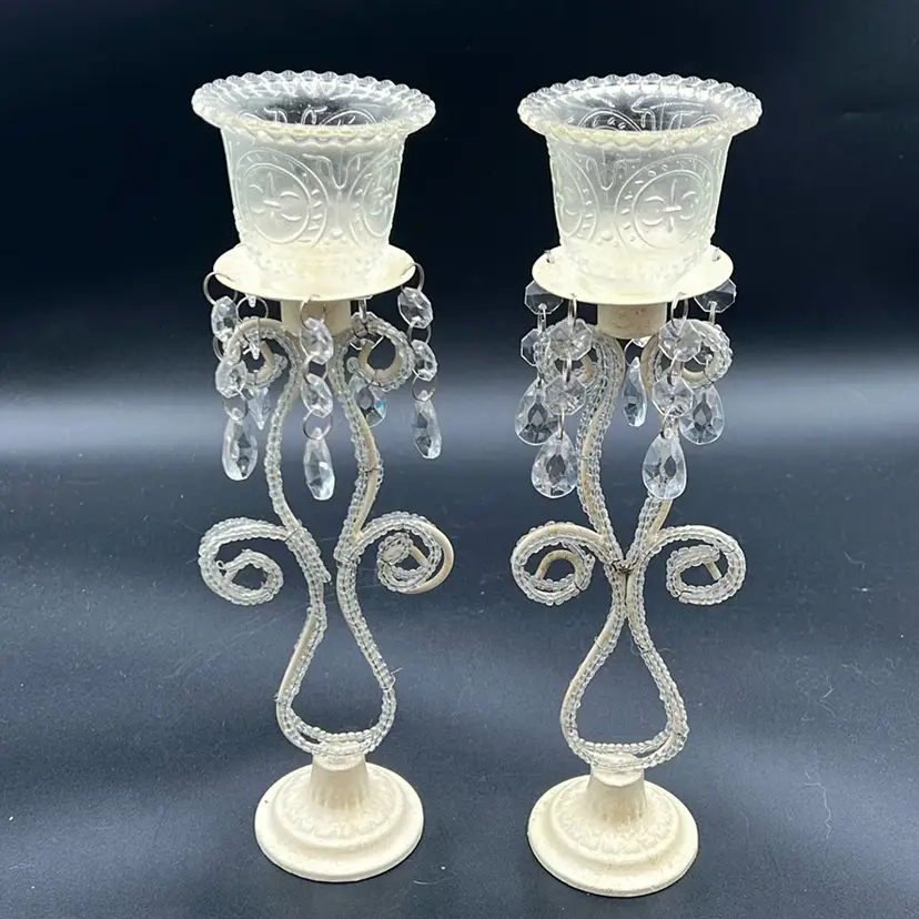 Beaded Metal And Glass Candleholders 12”