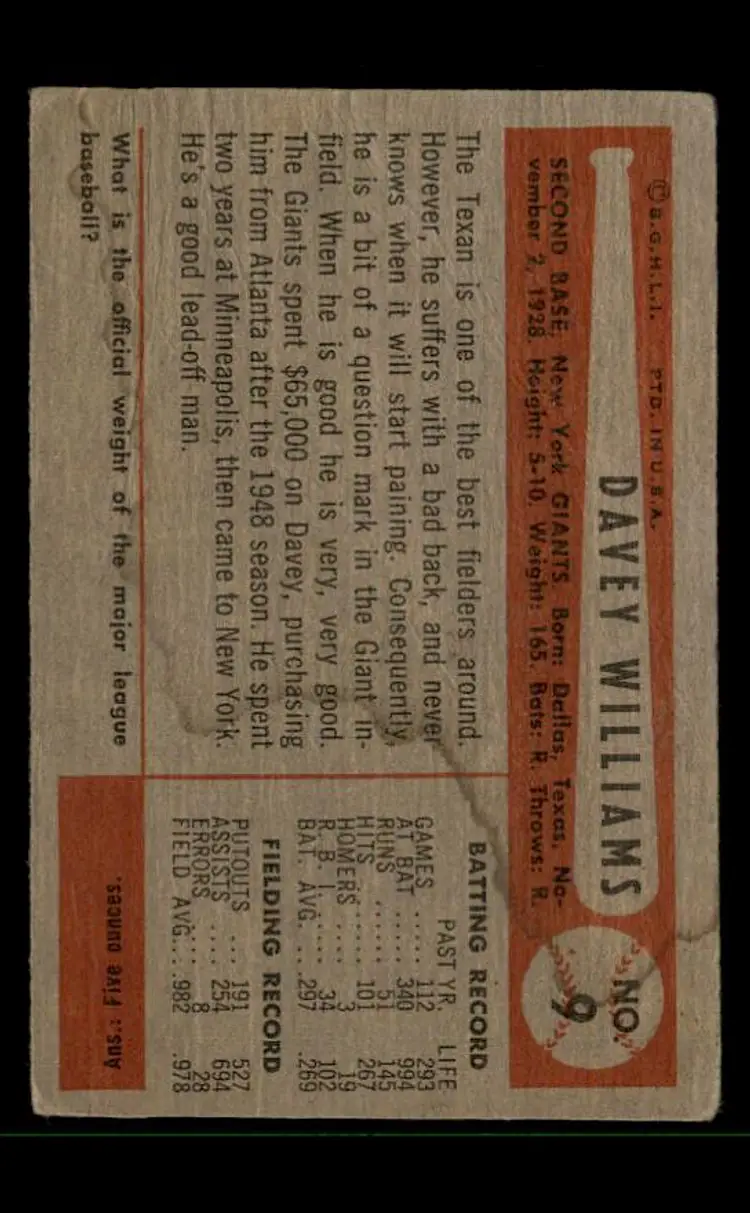 1954 Bowman #9 Davey Williams - (pk-tl3) - New York Giants