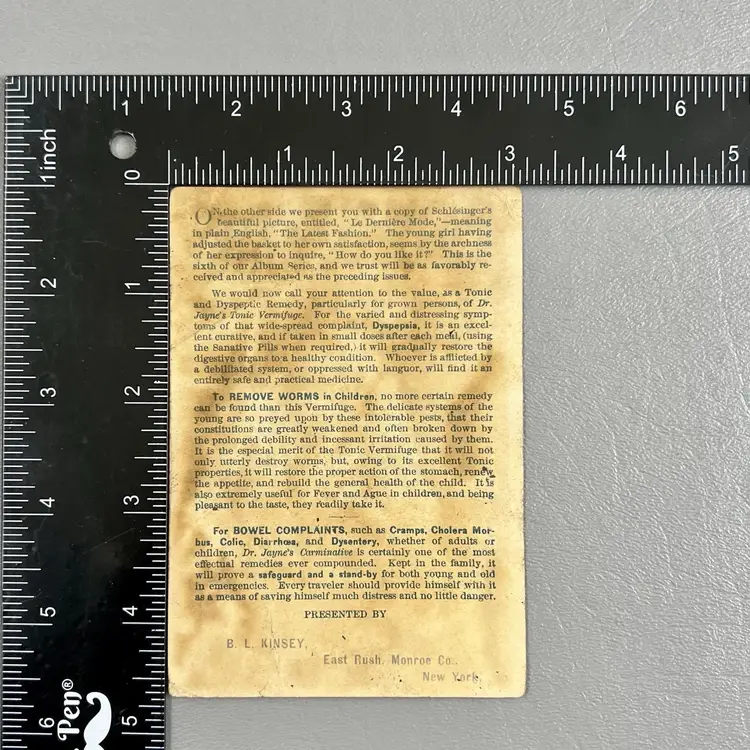 Victorian Trade Card BL Kinsey East Rush Monroe Co Dyspepsia Tonic Lady Basket On Head Le Derniere Mode