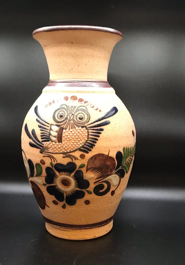 Tonala Mexico Art Pottery Vase Owl Signed Brown