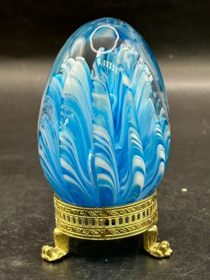 Blue Glass Paperweight With gold Stand