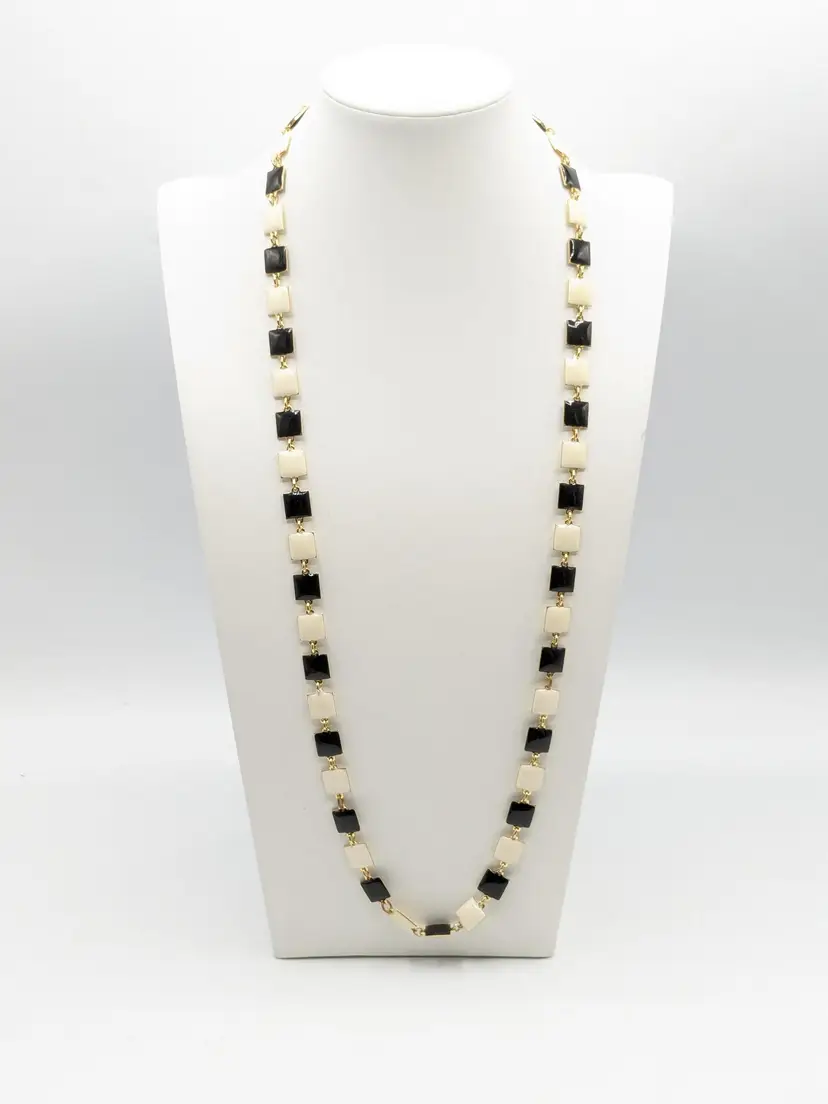 Black and White Square Tile Gold Tone Necklace