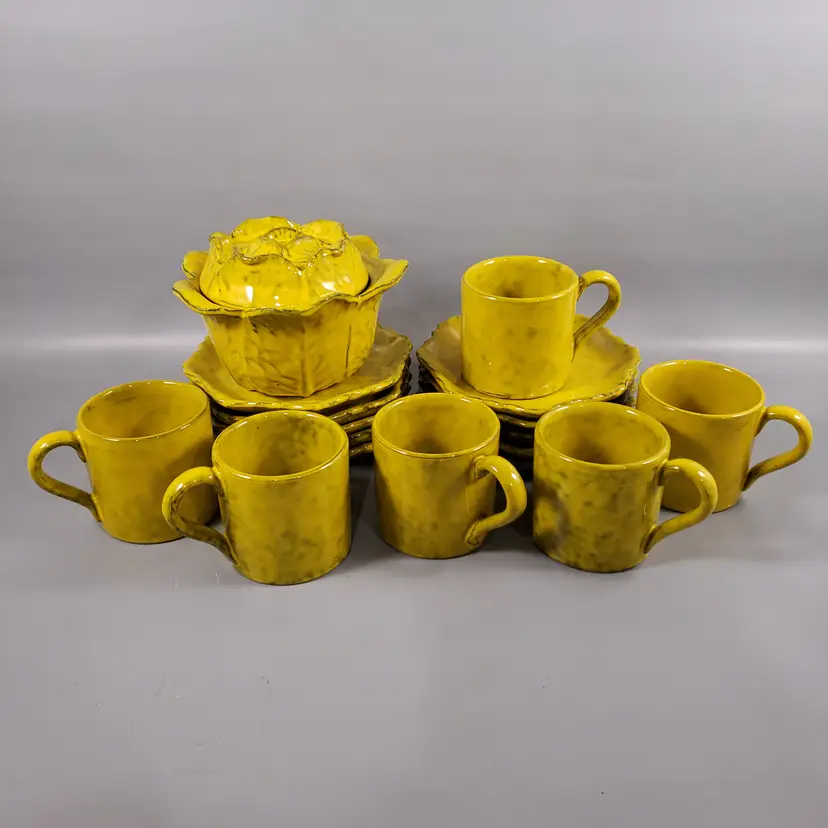 Vintage PV ITALY Cabbage Yellow MAJOLICA POTTERY Cup Saucer Bowl SET