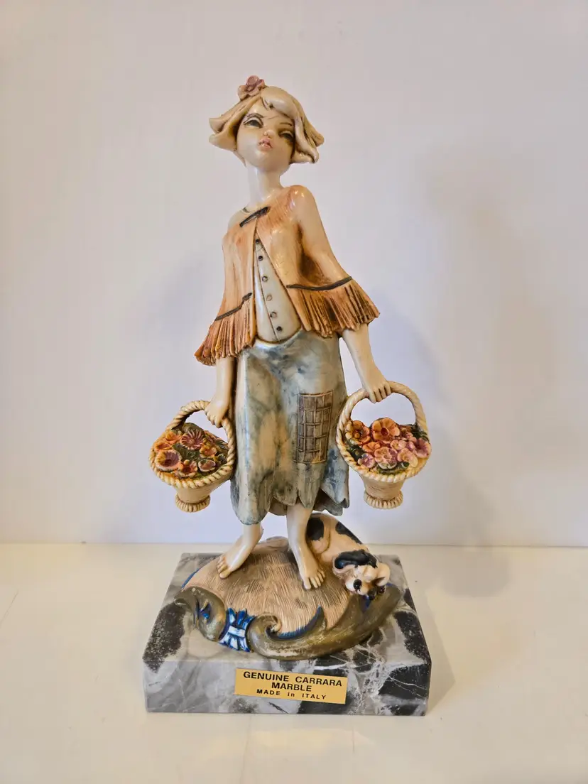 #01 - Fontanini Simonetti Girl With Flowers Depose Italy Figurine On Carrara Marble Base