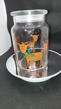 Vintage And RARE Libbey Lidded Glass Candy Jar Canister Christmas Reindeer