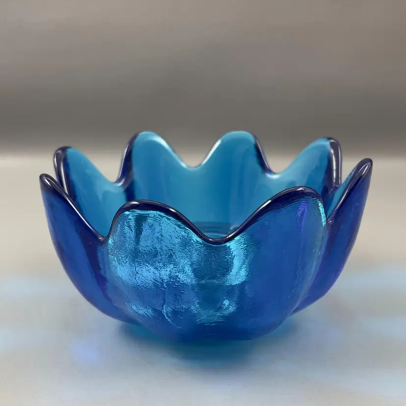 Blue Lotus Iridescent Glass Votive Holder Bowl 5"X3"