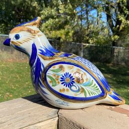 Large Hand-painted Tonala Bird. 7”h x 10.5”l x 4.5”w. Signed Mexico.