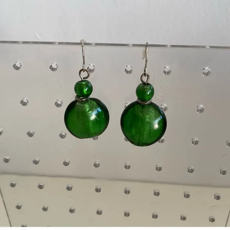 1990’s Kim Rogers Emerald Green Dichroic Beaded Earrings