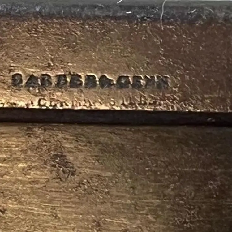 Garber & Genn 14" Back Saw. 
German Steel lightly stamped under maker's mark. Straight blade, 12 PPI. A number of hand-cut teeth near the handle. Handle may be a repair or replacement.