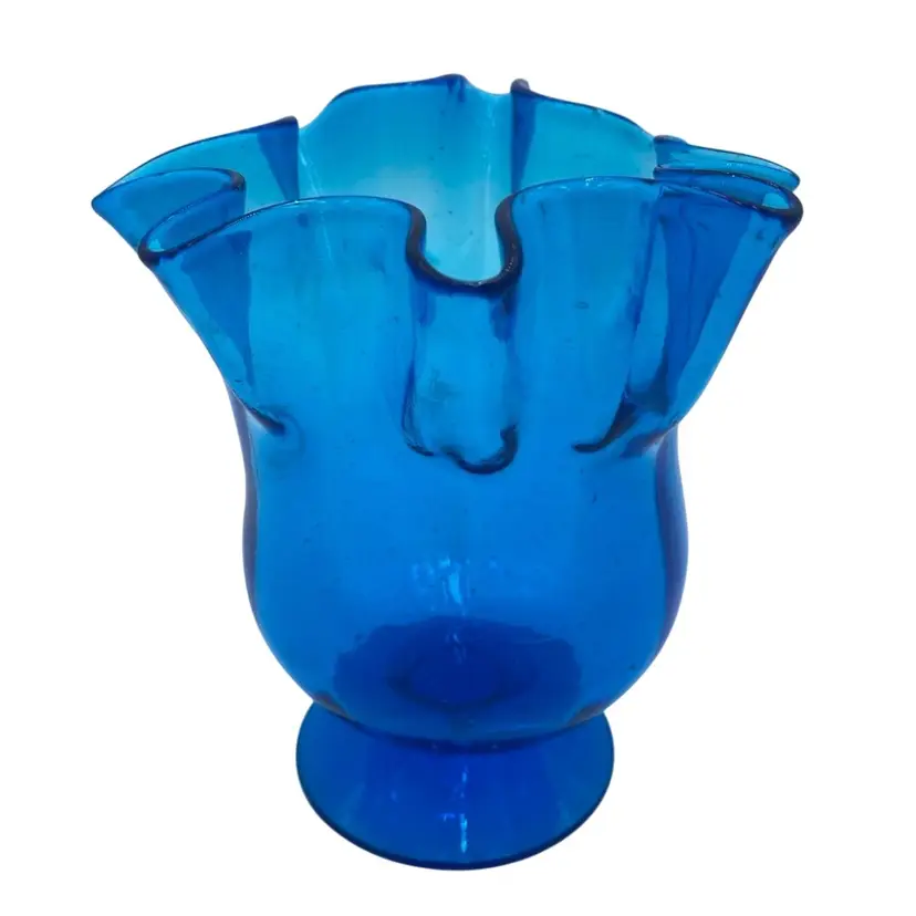 Vintage Sapphire Blue Glass Handkerchief Bowl, Ruffled & Footed, with Bubbles