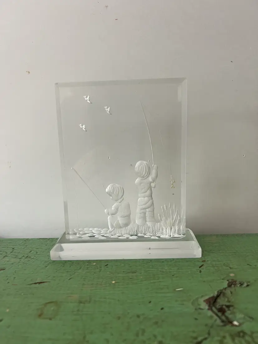 Vintage Lucite Art Sculpture- Signed Hamilton. Boys Fishing. Reverse Carved Clear