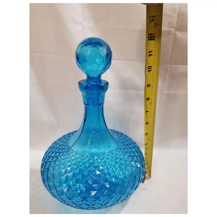 Vintage Blue Diamond Point Decanter With Mugs