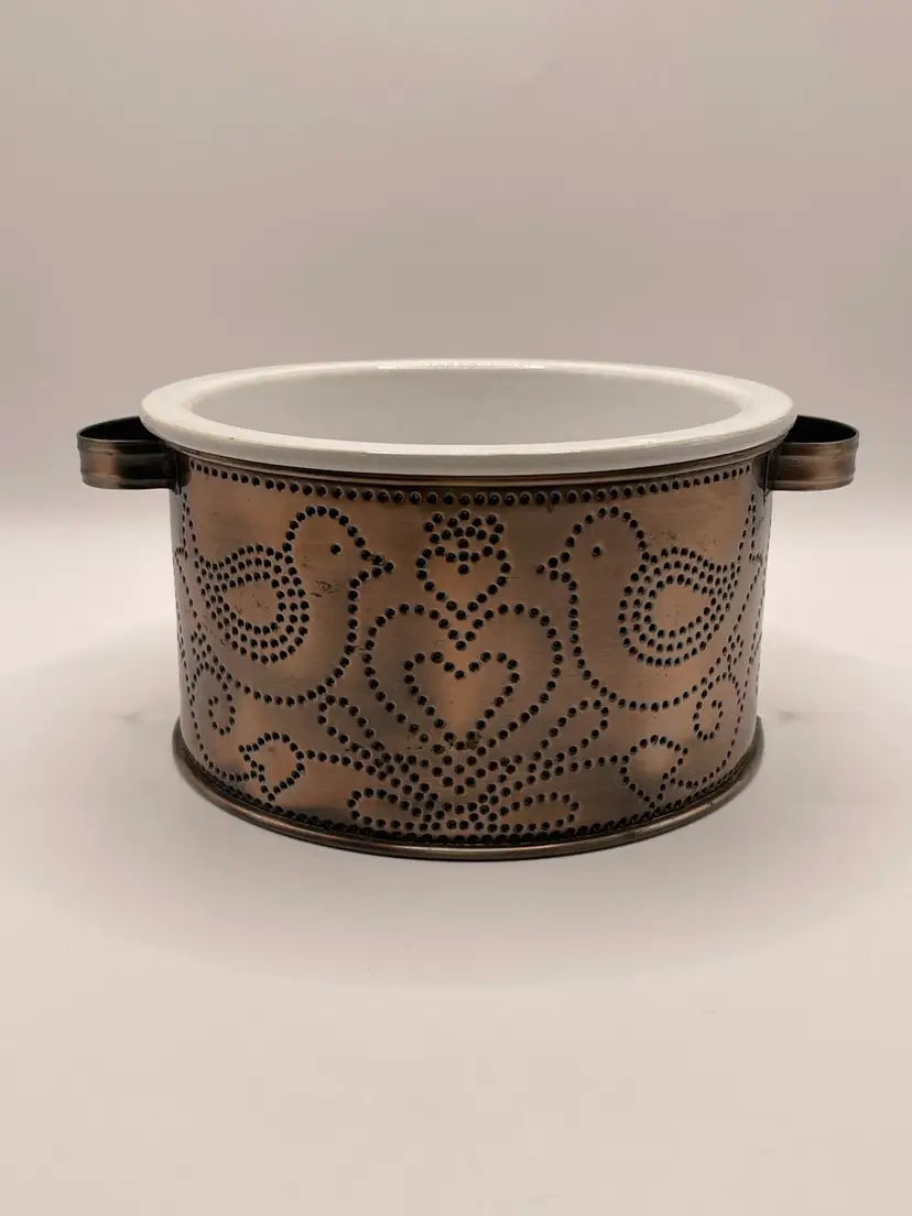 Punched copper holder with BIRDS, white crock. Pennsylvania Dutch Style. Good For Snacks! Cute for plants!