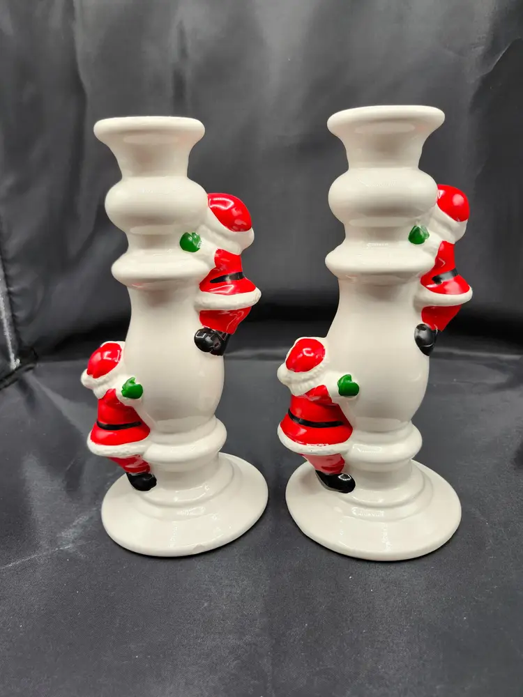 Vintage Ceramic White Candle Sticks w/Climbing Santas Set of 2 8 1/2" 1980s