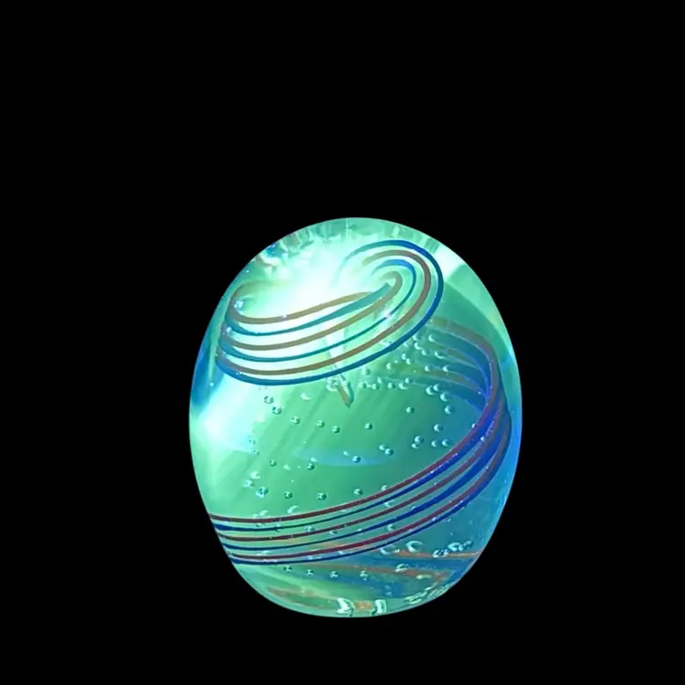Gentle Glass Paperweight Controlled Bubble Red & Cobalt Blue Swirl Glows
3-3/4” T x 3” W