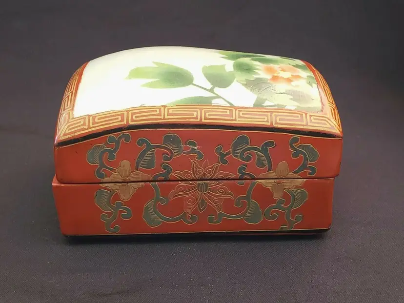 Trinket Box Wood & Ceramic Top Handmade & Painted Lacquered 4 1/2" x 3 7/8" x 3"
