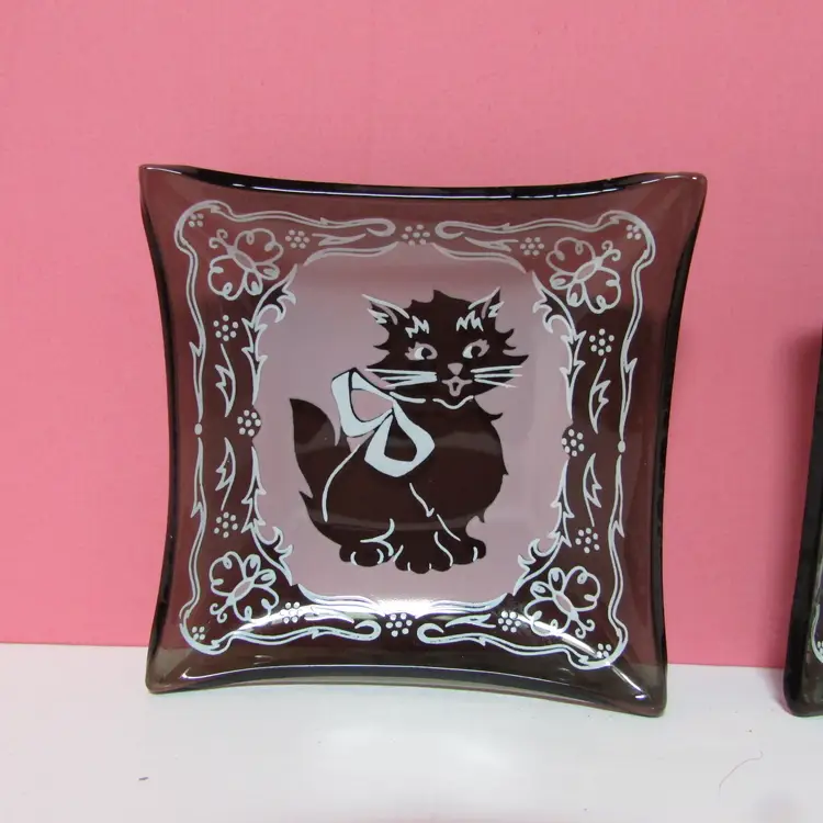 vintage set of 2 square small glass trinket ring dish smokey black and pink cat with bow vanity decor ashtray MCM
