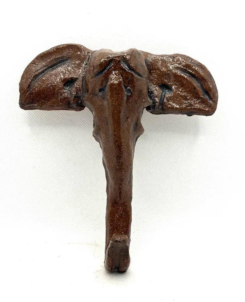Handmade Studio Art Pottery Brown Elephant Wall Hook Hanger Marked