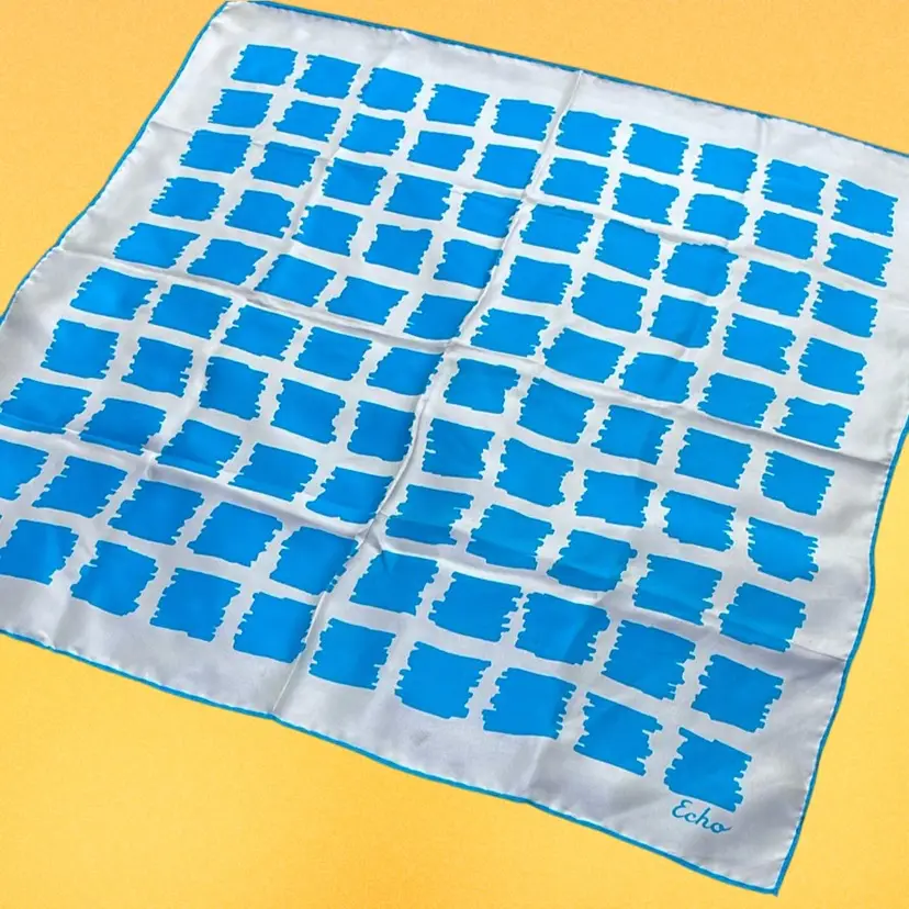 Vintage Echo Silk Aqua Blue Scribble Squares Scarf, Hand Rolled Square, 22"x23"