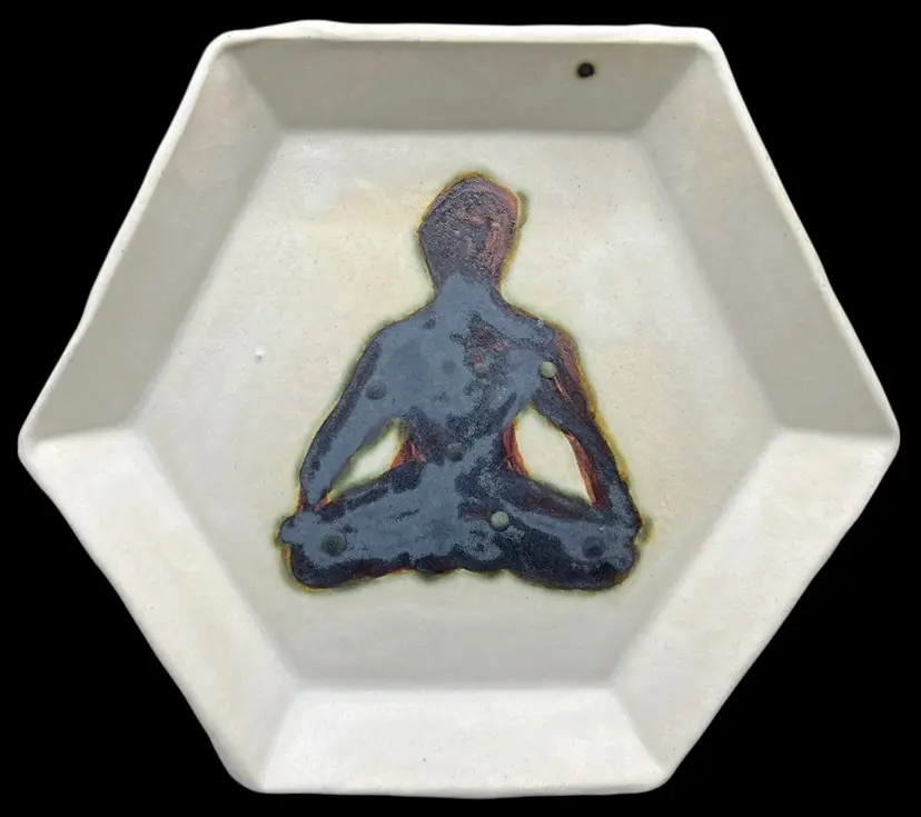 Signed CB Studio Art Pottery Hexagon Plate Yoga Lotus Pose Meditation 7.5”