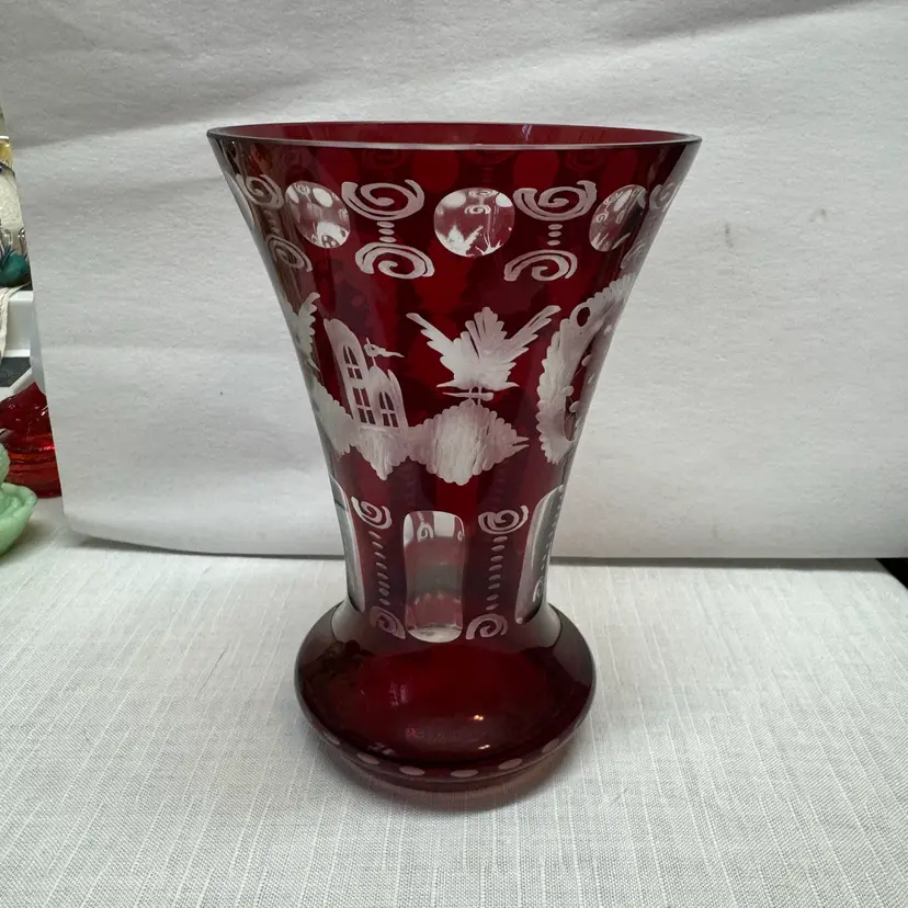 #01 - Antique Egermann ruby red Bohemian etched glass vase with architectural and bird motifs.1900-1920