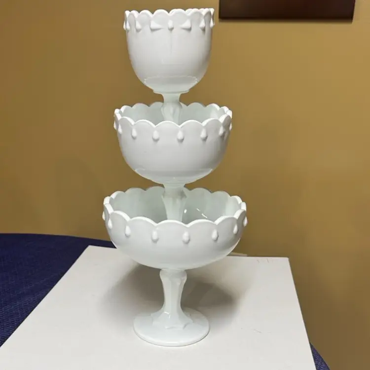 Indiana Glass Milk Glass Scalloped Pedestal Bowls set of 3 stacking centerpiece