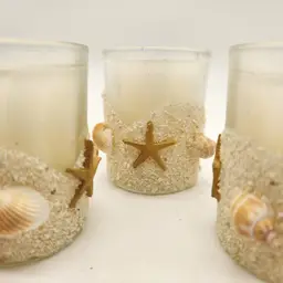 Trio of New Beach Themed Votive Candle Holders With Candles Seashell Sand Decor