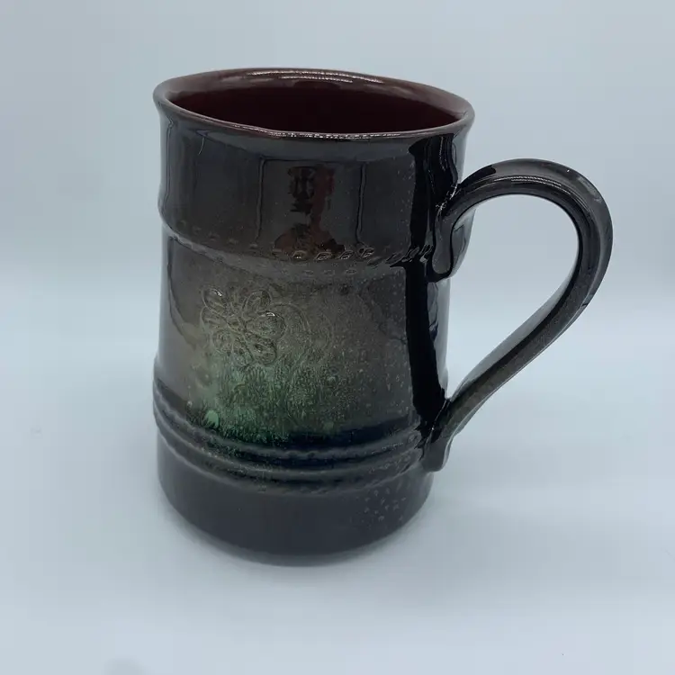 Vintage Redware Pottery Green Brown Glaze Large Flower Stein Coffee Tea Mug