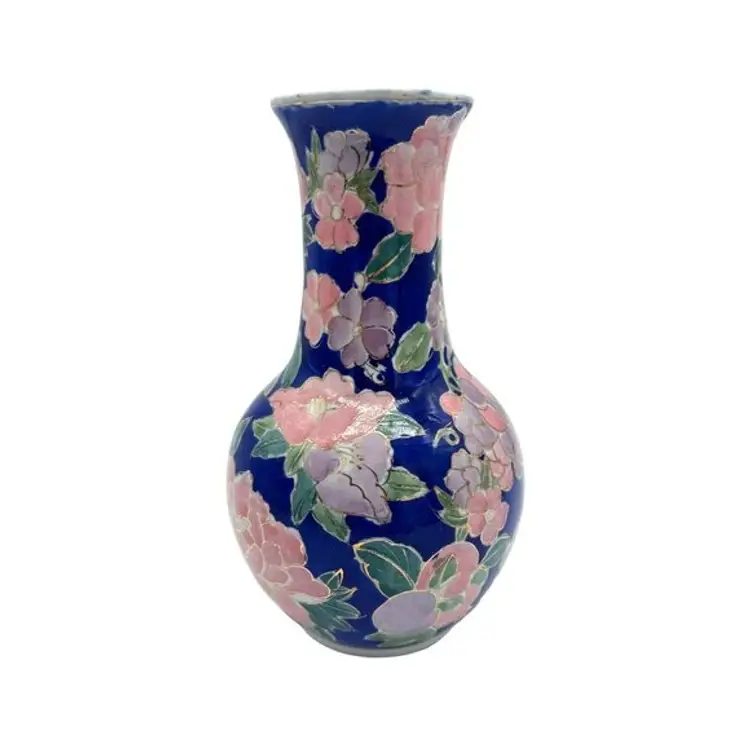 Hand-Painted Pink Floral on Blue Ceramic Gold Paint Accent Vase Chinese 8.25" H