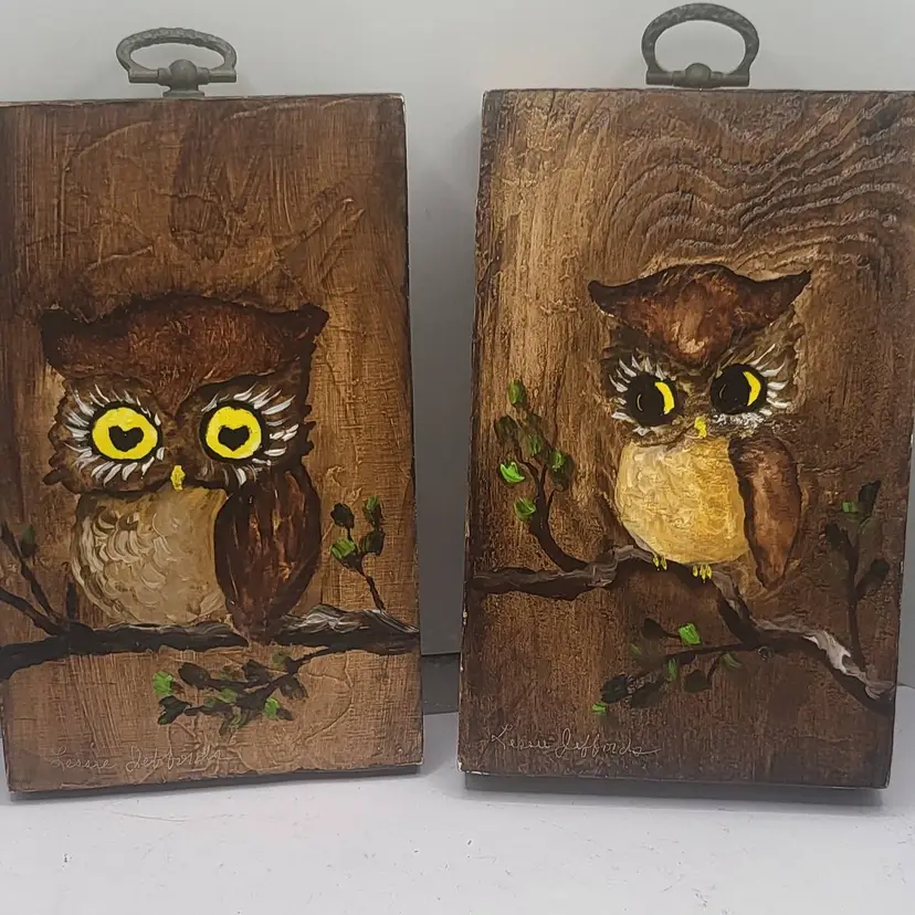 Vintage Hand-Painted Owl Wall Art Set of 2 pieces 5 1/2" x 3 1/2" signed Lessie Jeffords