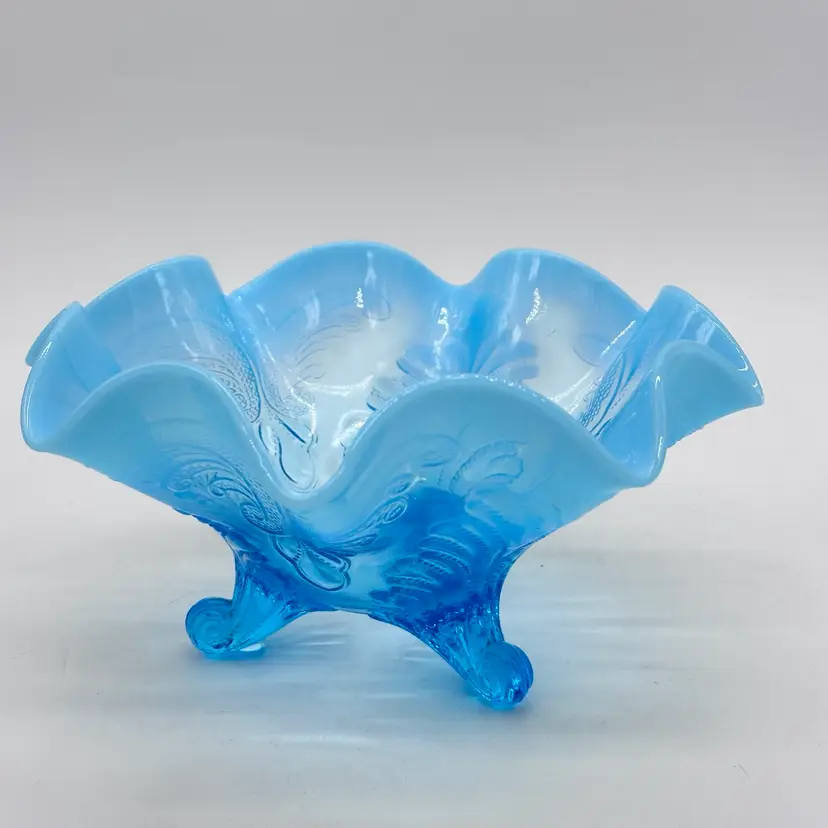 Antique Dungan Blue Opalescent Glass Footed Bowl Palm and Scroll Ruffled Edge