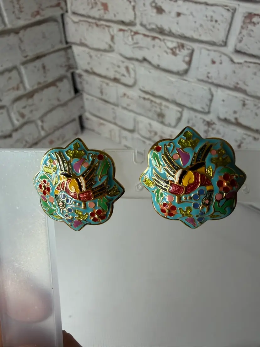 Joan Rivers Cloisonne Clip On Earrings Enamel Goldtone Signed
