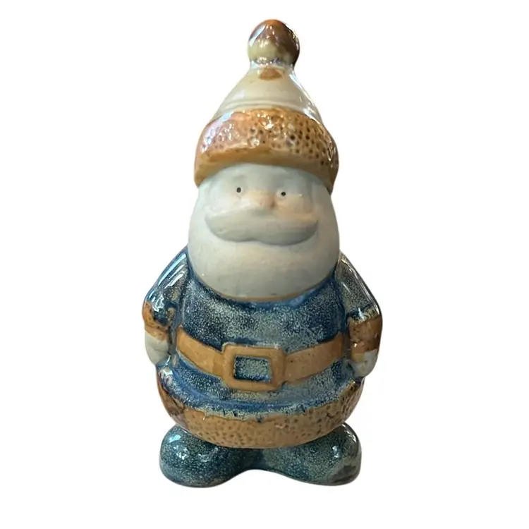 VINTAGE CHRISTMAS SANTA FIGURINE Pottery Blue Brown Glazed Clay 2007 5 x 2 1/2”