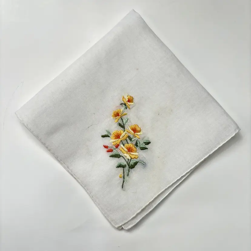 Embroidered Linen Yellow Floral Handkerchief Vintage Cottage Core Granny Hand Rolled
