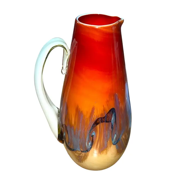RARE Signed Nourot Art Glass Pitcher – Michael Nourot – Fiery Sunset Swirl – 10” Tall – Stunning Collector’s Piece