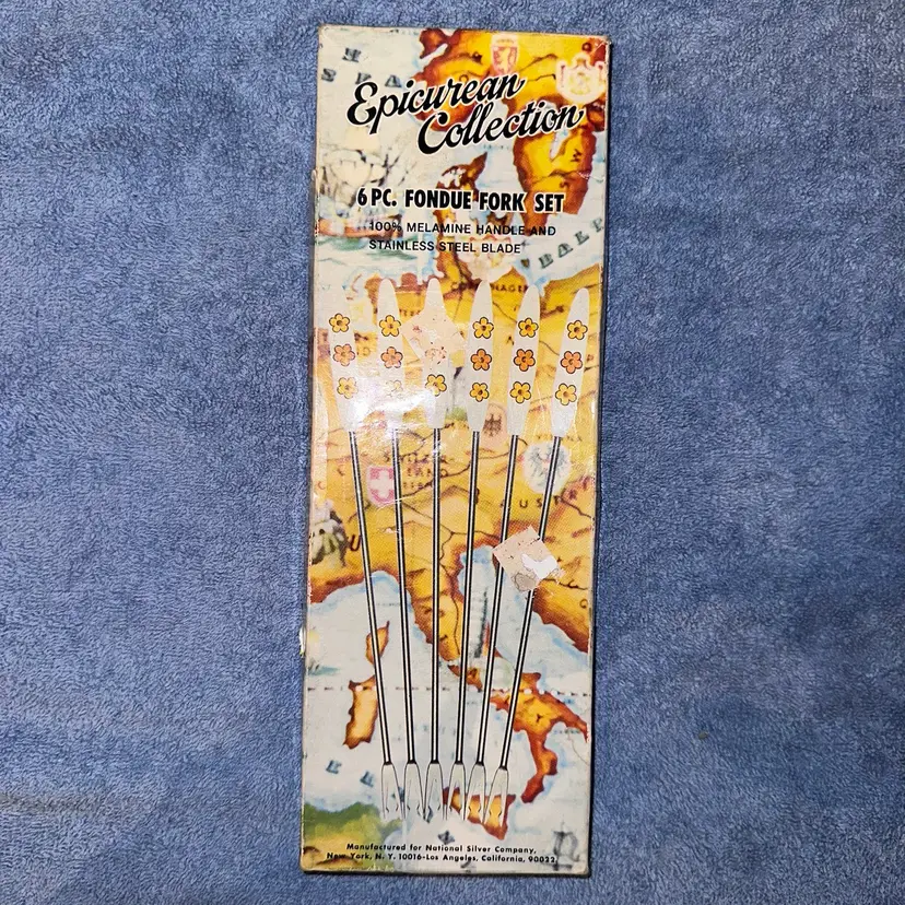 NOS Vintage Epicurean Collection 6 Pc Fondue Fork Set Malamine Handles Stainless Steel Blade