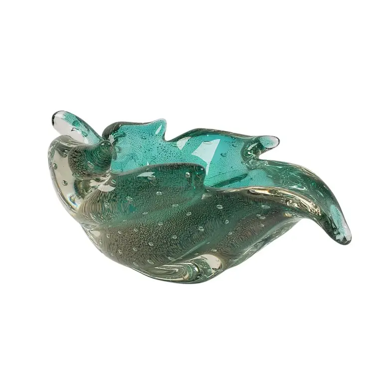 Vintage Murano Art Glass Leaf Dish Bullicante Gold Aventurine Green Sommerso