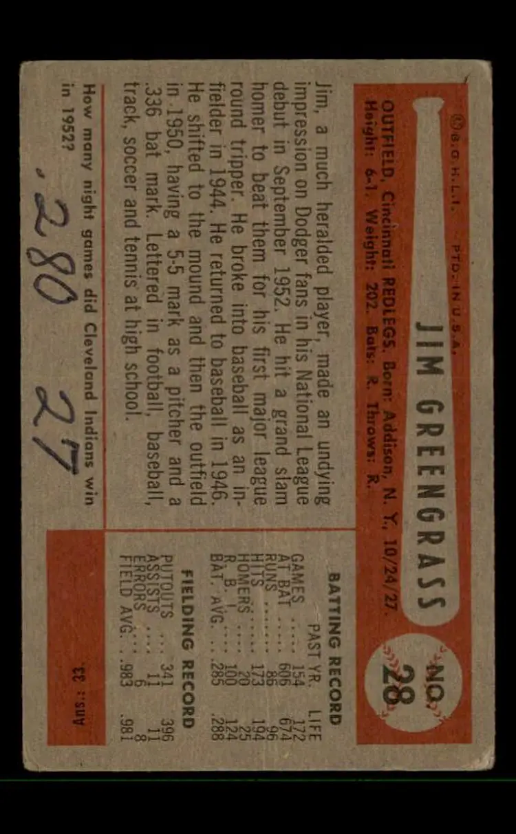 1954 Bowman #28b Jim Greengrass - (pk-tl3) - Cincinnati Redlegs